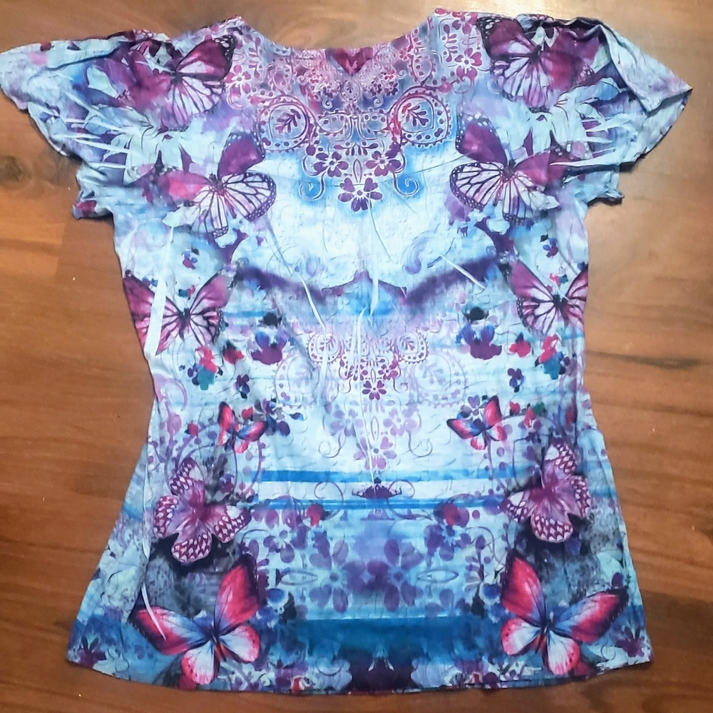 Live and Let Live Women's Top Size Small Blue with purple butterflies - Picture 2 of 3